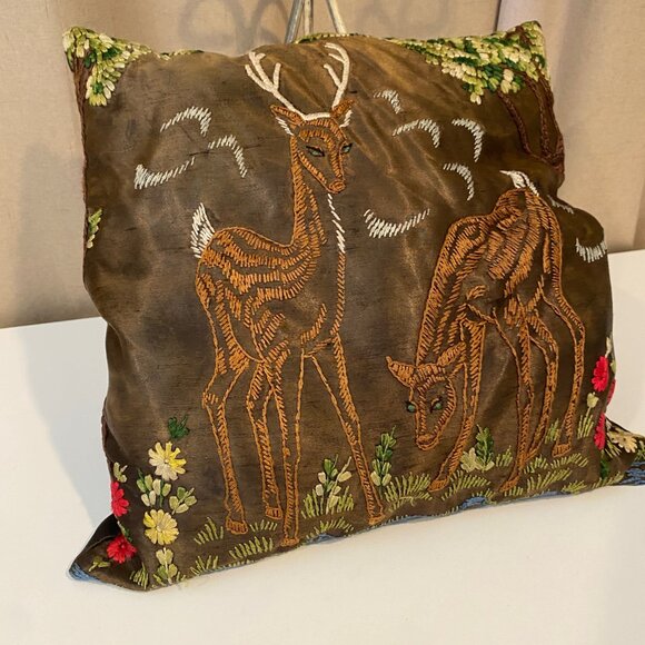 Vintage Brown Satin Pillow – Hand Embroidered Deer Forest Cabin 13x13 - Picture 4 of 7